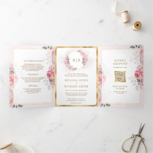 Soft Blush Pink Floral Gold All in One Wedding Tri_Fold Invitation