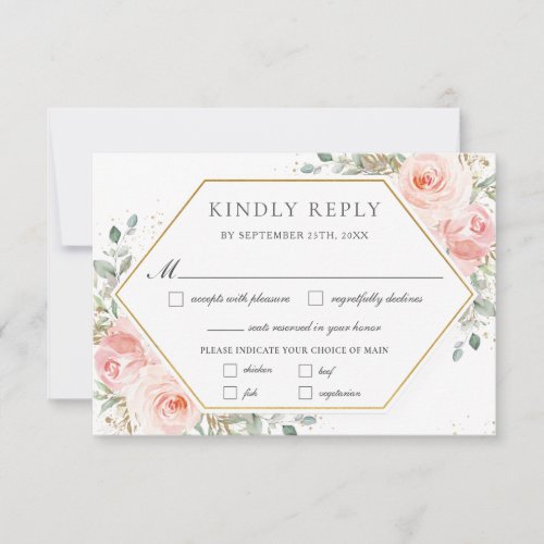 Soft Blush Pink Floral Gold Greenery Wedding Meal  RSVP Card