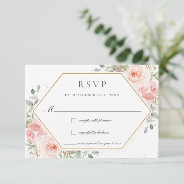 Soft Blush Pink Floral Gold Greenery Wedding   RSVP Card (Standing Front)
