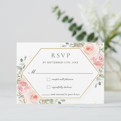 Soft Blush Pink Floral Gold Greenery Wedding   RSVP Card