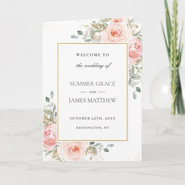 Soft Blush Pink Floral Gold Leafy Wedding Program (Front)