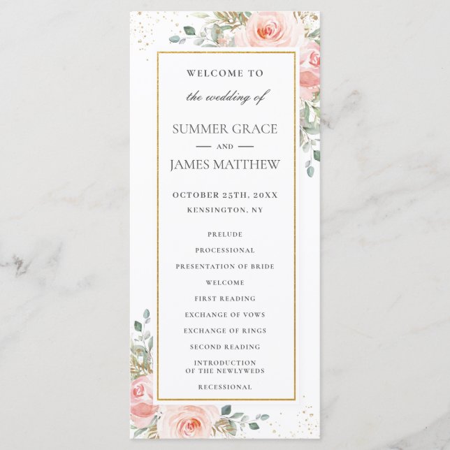 Soft Blush Pink Floral Gold Leafy Wedding Program (Front)