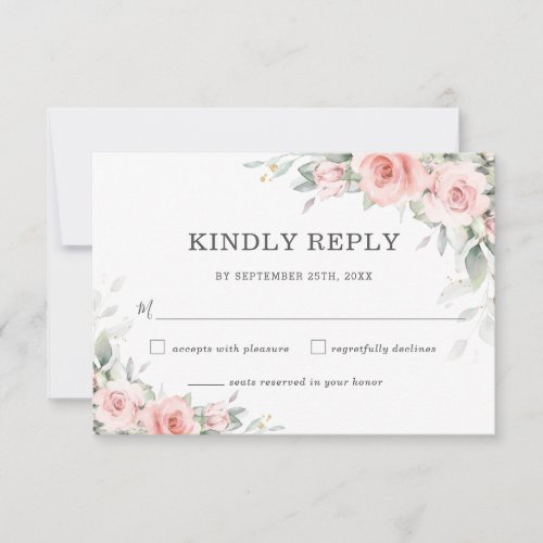 Soft Blush Pink Floral Greenery Wedding RSVP Card