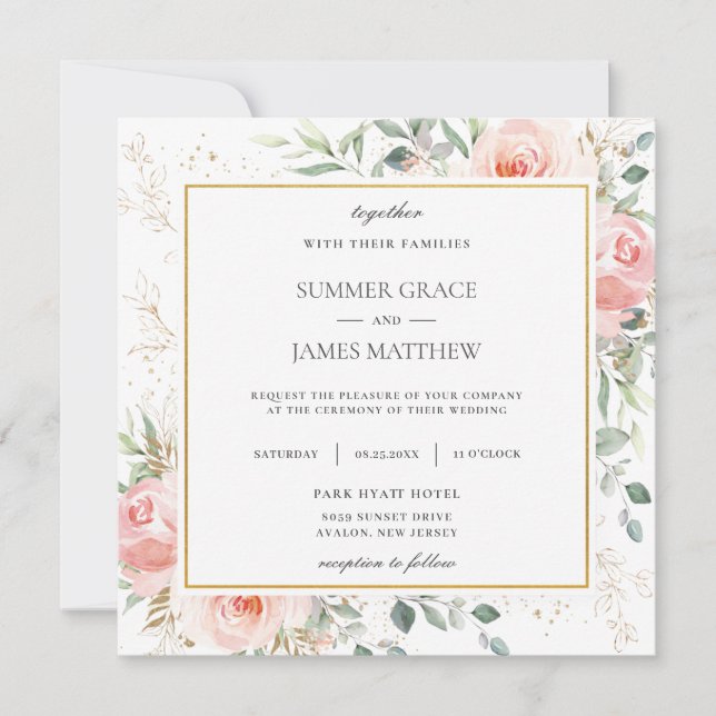 Soft Blush Pink Floral Greenery Wedding Square  Invitation (Front)