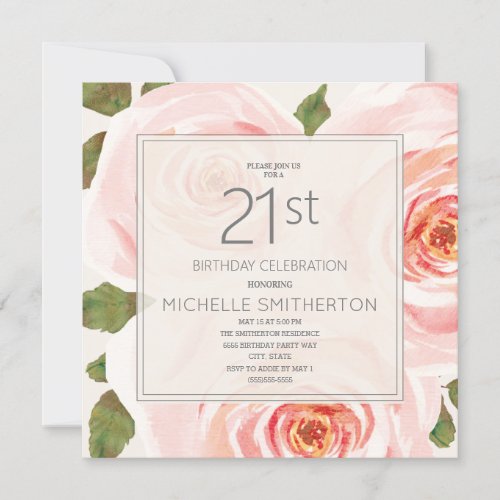 Soft Blush Pink Floral Leaves 21st Birthday Women Invitation