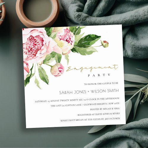 SOFT BLUSH PINK FLORAL PEONY WATERCOLOR ENGAGEMENT INVITATION