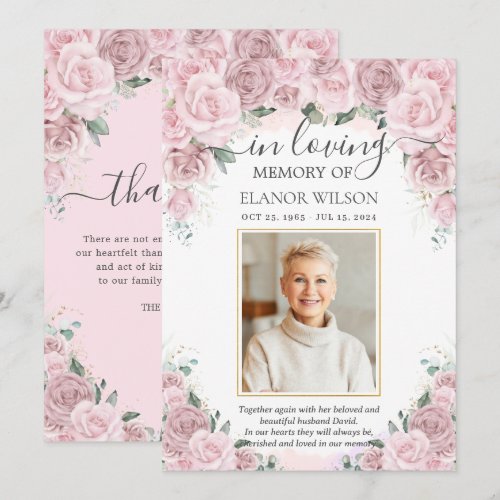 Soft Blush Pink Floral Photo Funeral Memorial Thank You Card