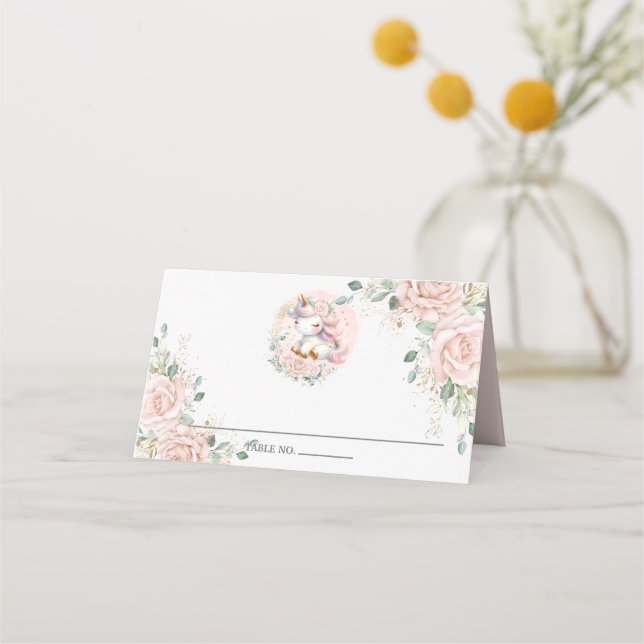 Soft Blush Pink Floral Roses Cute Unicorn Place Card (Front)