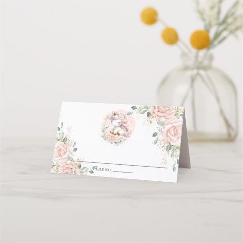 Soft Blush Pink Floral Roses Cute Unicorn Place Card