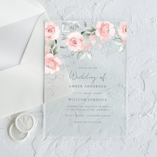 Soft Blush Pink Floral Wedding  Acrylic Invitations (Creator Uploaded)