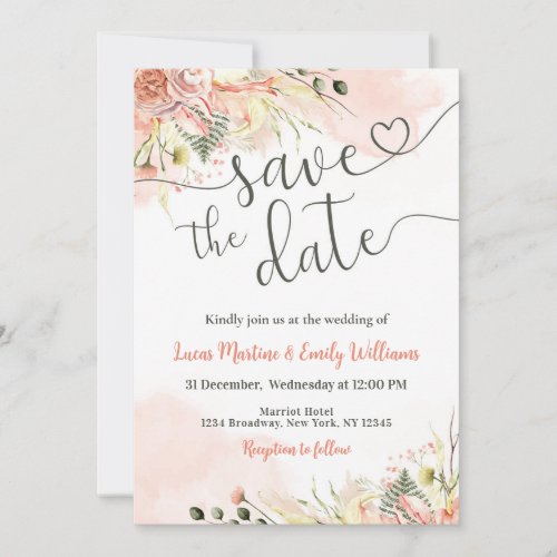 Soft Blush Pink Floral Wedding Save the Date Card