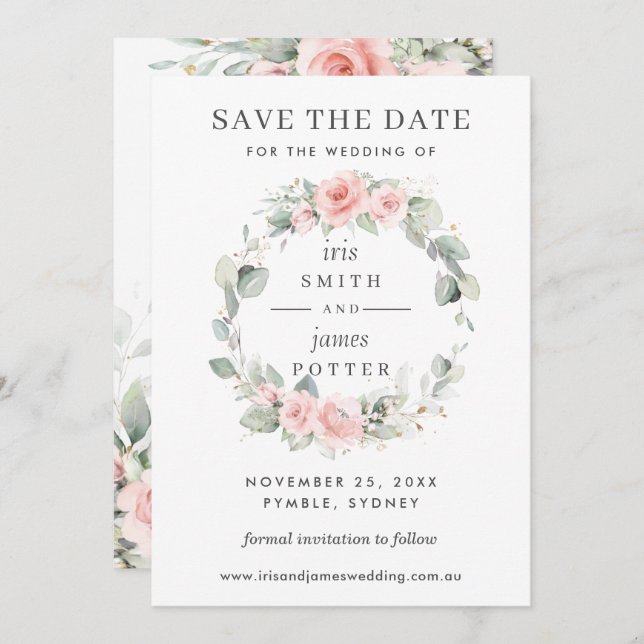 Soft Blush Pink Floral Wedding Save the Date Card (Front/Back)
