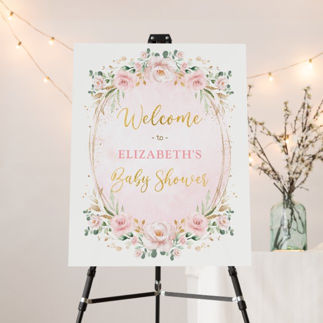 Soft Blush Pink Floral Wreath Baby Shower Welcome Foam Board (In Situ (Stand))