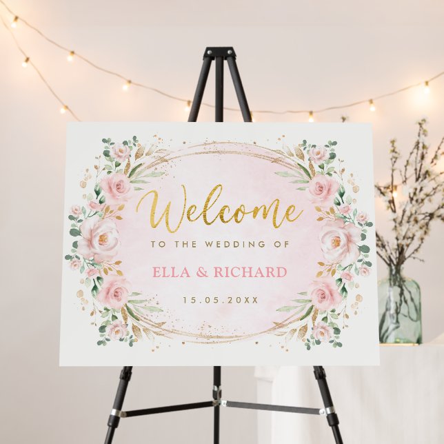 Soft Blush Pink Floral Wreath Wedding Welcome Foam Board (In Situ (Stand))