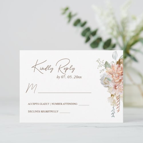 Soft Blush Pink Flowers Greenery Floral Wedding RSVP Card