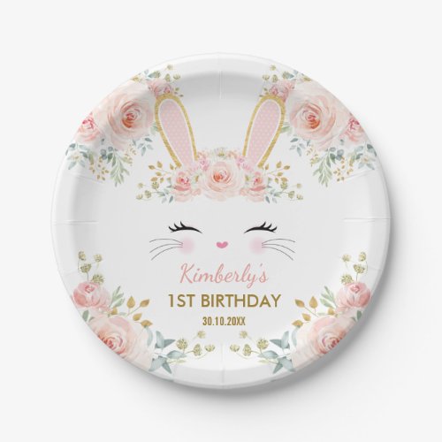 Soft Blush Pink Gold Bunny Rabbit Birthday Shower Paper Plates