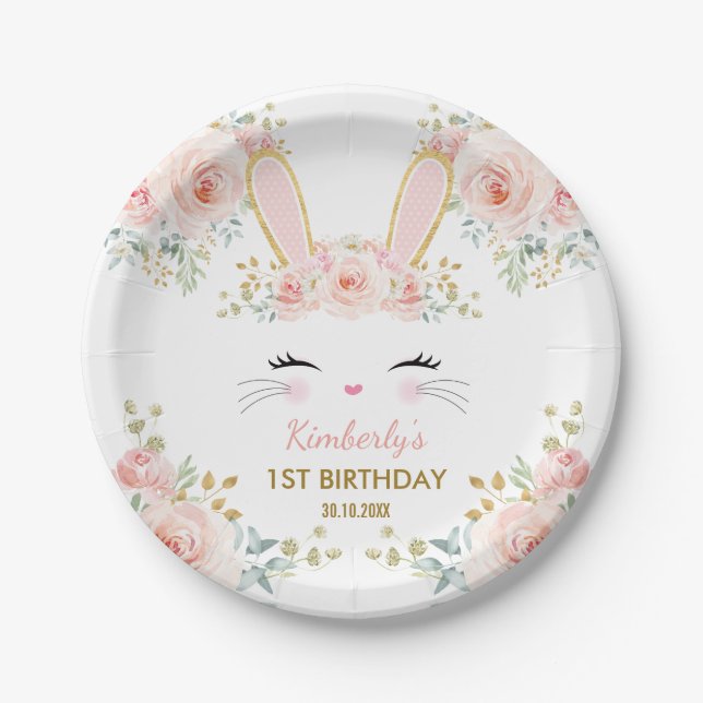Soft Blush Pink Gold Bunny Rabbit Birthday Shower Paper Plates (Front)