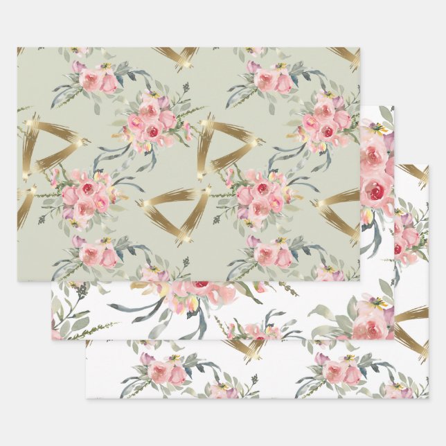 Soft Blush Pink Gold Floral Wedding Wrapping Paper Sheets (Set)