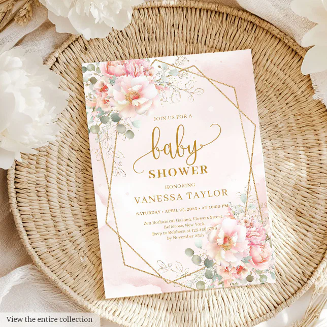 Soft blush pink gold glitter floral baby shower invitation | Zazzle