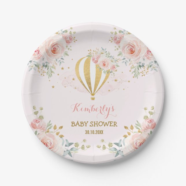 Soft Blush Pink Gold Hot Air Balloon Shower Party Paper Plates (Front)