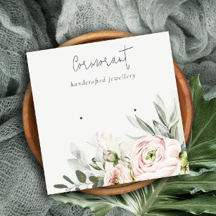 Soft Blush Pink Green Peony Floral Earring Holder Square Business Card
