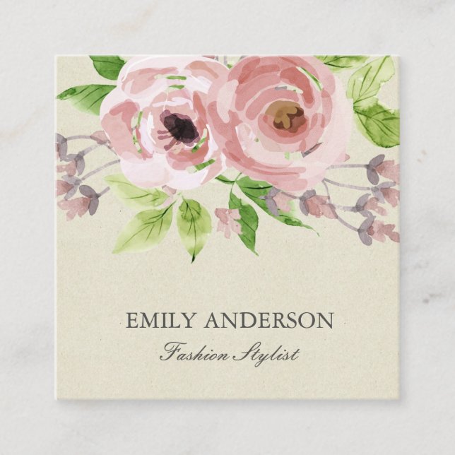 SOFT BLUSH PINK GREEN WATERCOLOR FLORAL SQUARE BUSINESS CARD (Front)