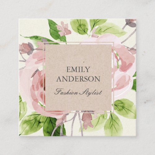SOFT BLUSH PINK GREEN WATERCOLOR FLORAL SQUARE BUSINESS CARD