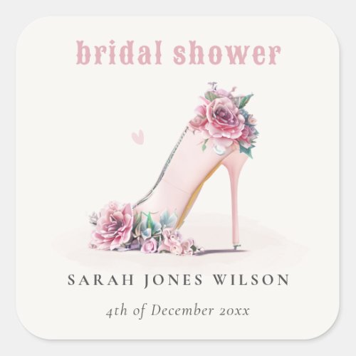 Soft Blush Pink High Heels Floral Bridal Shower Square Sticker