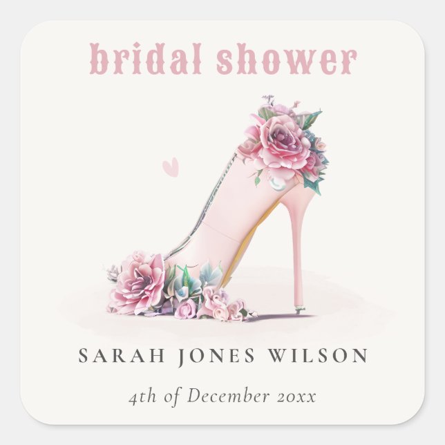 Soft Blush Pink High Heels Floral Bridal Shower Square Sticker (Front)