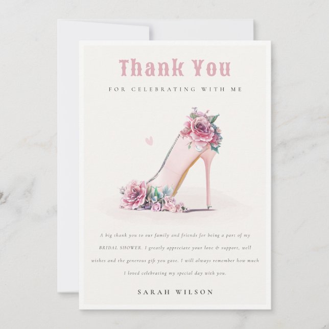 Soft Blush Pink High Heels Floral Bridal Shower Thank You Card (Front)