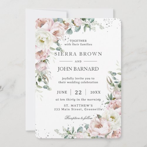 Soft Blush Pink Ivory Peonies Floral Wedding Invitation