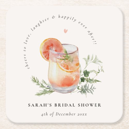 Soft Blush Pink Orange Cocktail Bridal Shower  Square Paper Coaster