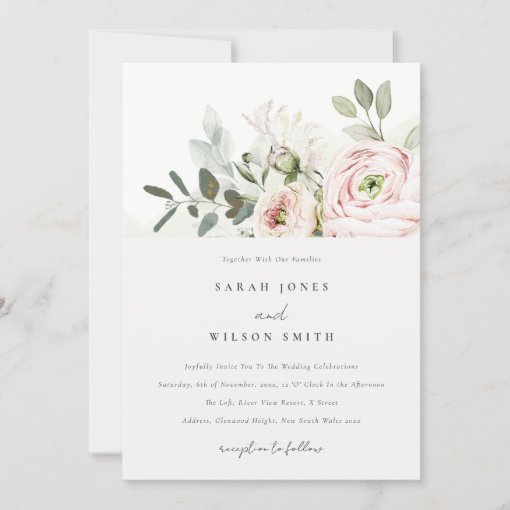 Soft Blush Pink Peonies Eucalyptus Foliage Wedding Invitation | Zazzle