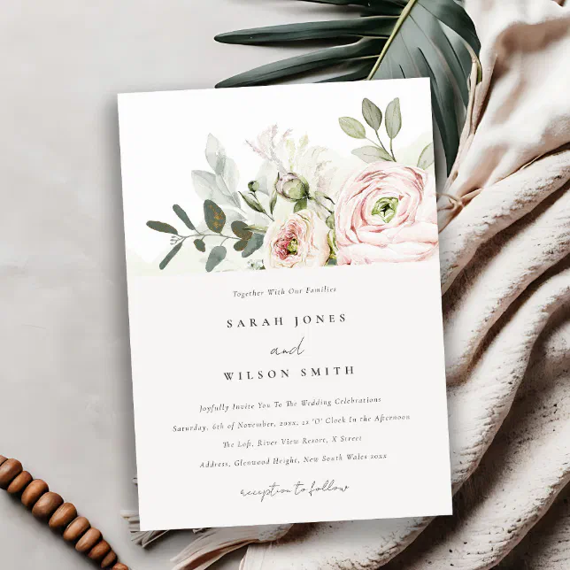 Soft Blush Pink Peonies Eucalyptus Foliage Wedding Invitation | Zazzle