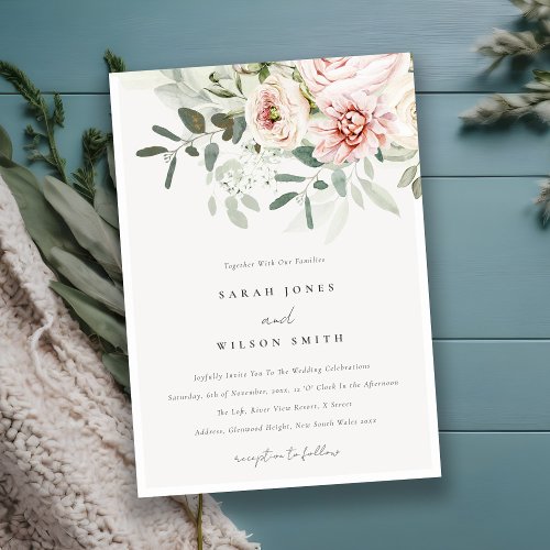 Soft Blush Pink Peonies Eucalyptus Foliage Wedding Invitation