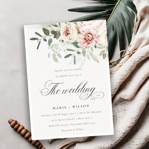 Soft Blush Pink Peonies Eucalyptus Foliage Wedding Invitation