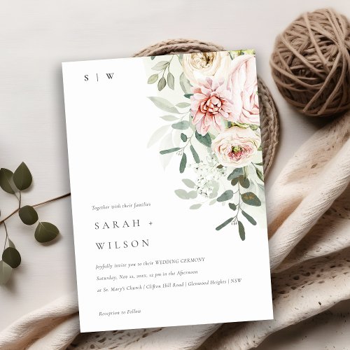 Soft Blush Pink Peonies Eucalyptus Foliage Wedding Invitation