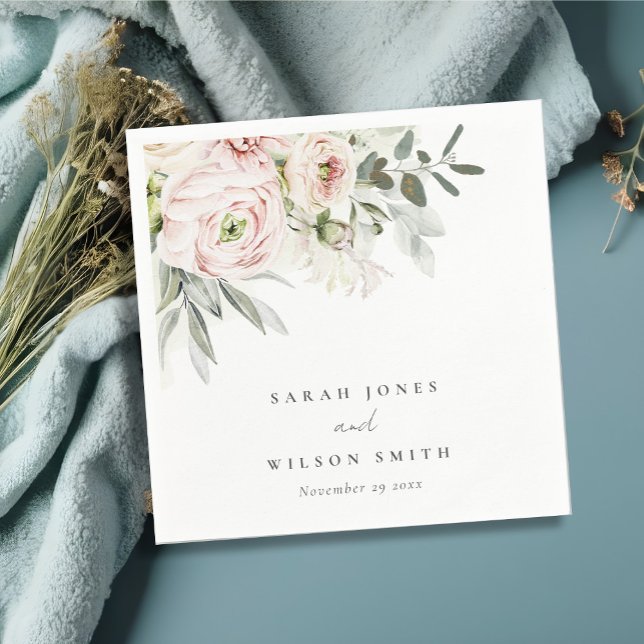 Soft Blush Pink Peonies Eucalyptus Foliage Wedding Napkins (Creator Uploaded)