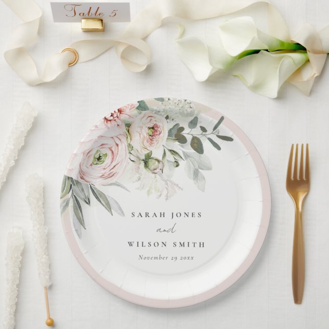 Soft Blush Pink Peonies Eucalyptus Foliage Wedding Paper Plates (Wedding)