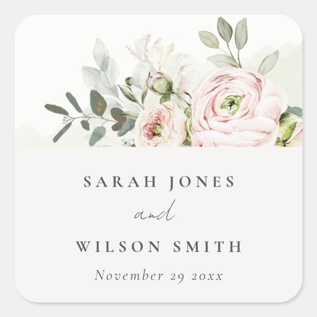 Soft Blush Pink Peonies Eucalyptus Foliage Wedding Square Sticker (Front)