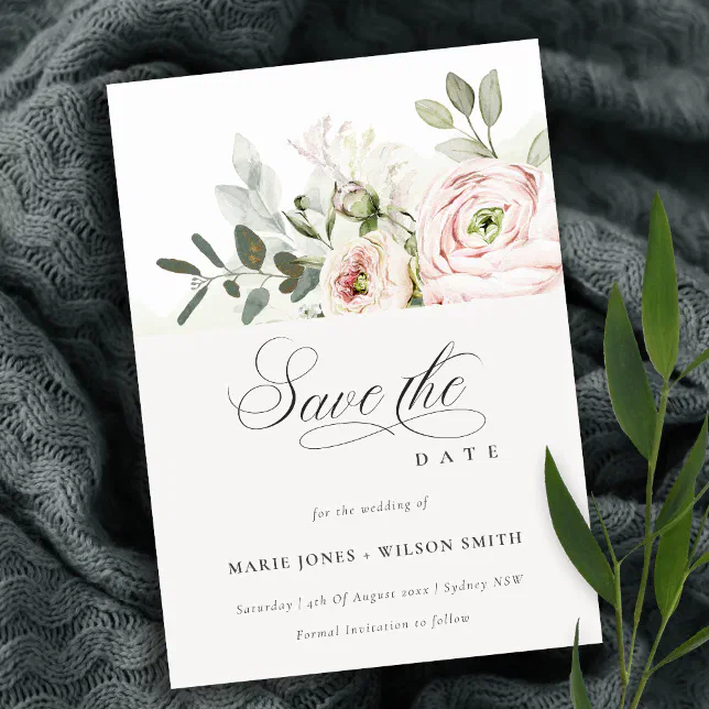 Soft Blush Pink Peonies Eucalyptus Save The Date Invitation | Zazzle