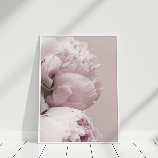 Soft Blush Pink Peony Floral Wall Art (Blush Dusty Pink Peony Print in white frame on wooden floor.)