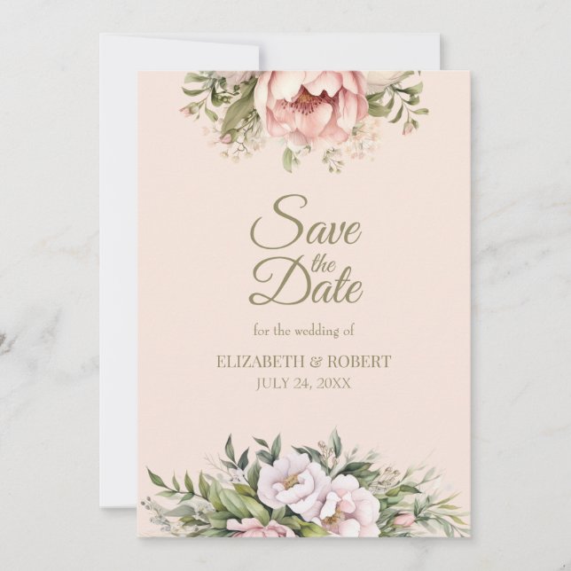 Soft Blush Pink Peony Save The Date Card (Front)