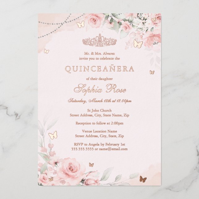 Soft Blush Pink Rose Butterfly Quinceanera 15th Foil Invitation (Front)