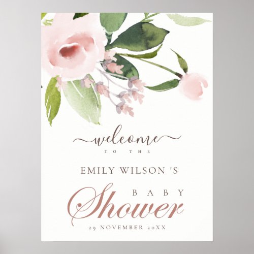 SOFT BLUSH PINK ROSE FLORAL BABY SHOWER WELCOME POSTER