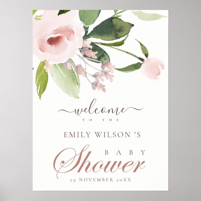 SOFT BLUSH PINK ROSE FLORAL BABY SHOWER WELCOME POSTER (Front)