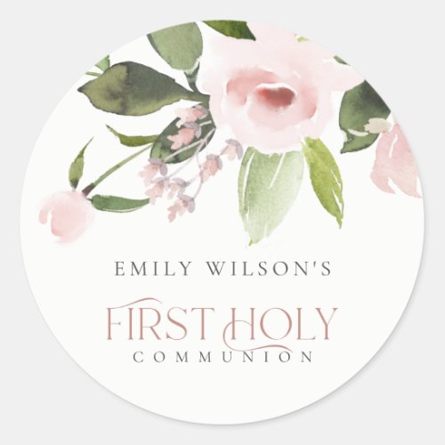 SOFT BLUSH PINK ROSE FLORAL FIRST HOLY COMMUNION CLASSIC ROUND STICKER