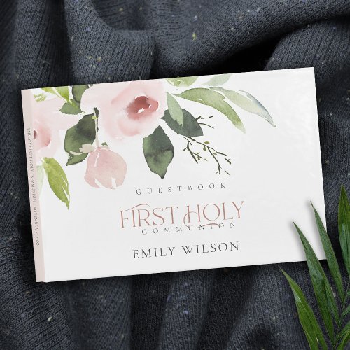SOFT BLUSH PINK ROSE FLORAL FIRST HOLY COMMUNION GUEST BOOK