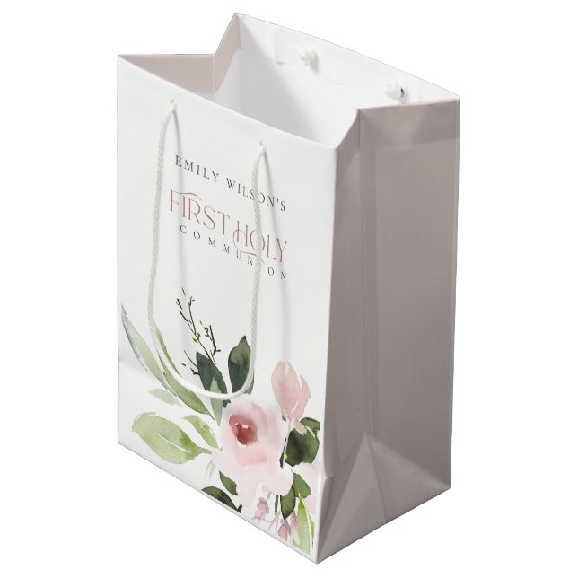 SOFT BLUSH PINK ROSE FLORAL FIRST HOLY COMMUNION MEDIUM GIFT BAG (Front Angled)