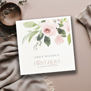 SOFT BLUSH PINK ROSE FLORAL FIRST HOLY COMMUNION NAPKINS